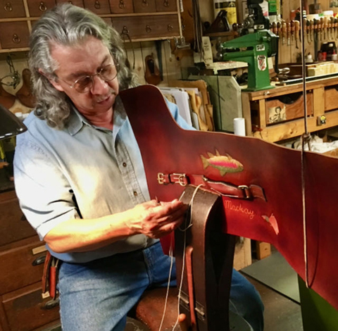 Jimmy handsewing a custom rodcase 7-17-18