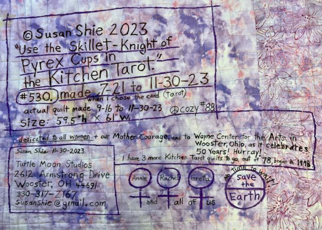 ©Susan Shie 2023: "Use the Skillet: Knight of Pyrex Cups in the Kitchen Tarot." detail 16. Label on back..
