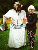 The 98 scarecrow, Ruth Stout, and me, this June.