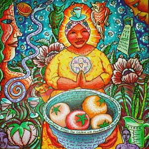 St. Quilta the Comforter Blesses the Gardens.Susan Shie 2001.