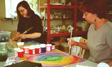 Julie and Vicki painting with Deka in Austin.Susan Shie 2001.