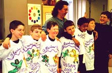 Core group boys and Jimmy, with tee shirts. Susan Shie 2001.