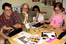 John, Shelley, Jackie, and Mona at the Shrinky Dinks party. Susan Shie 2002.