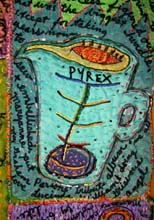 Pyrex cup panel on print quilt. Susan Shie 2002.