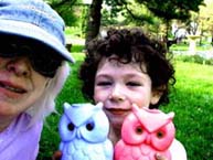 Karlie and me and owlies.Susan Shie 2005.