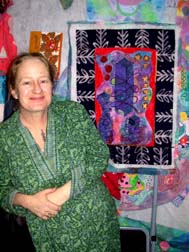 Elizabeth Owen and her Watts Tower quilt.Susan Shie 2004.